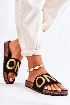 Clearance Evento Klasyczne Wsuwane Klapki Z Napisem Czarno-Złote Bahari