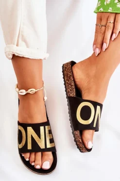 Clearance Evento Klasyczne Wsuwane Klapki Z Napisem Czarno-Złote Bahari