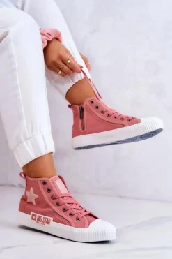 Outlet Klasyczne Wysokie Trampki Big Star JJ274382 Różowe Damskie Trampki Damskie Big Star|Trampki Damskie Wysokie