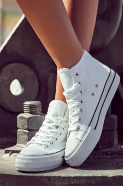 Hot Klasyczne Wysokie Trampki Wiązane Białe Volterro Damskie Trampki Damskie Wysokie