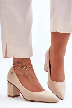 Best Klasyczne Zamszowe Czółenka Na Obcasie Z Ozdobą Jasnobeżowe Derren Damskie Czółenka Zamszowe|Czółenka Na Słupku