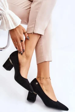 Hot Boto Klasyczne Zamszowe Czółenka Na Obcasie Z Ozdobą Czarne Derren