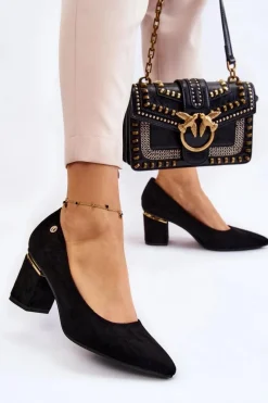 Hot Boto Klasyczne Zamszowe Czółenka Na Obcasie Z Ozdobą Czarne Derren