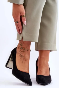 Hot Boto Klasyczne Zamszowe Czółenka Na Ozdobnym Słupku Czarne Elizabeth