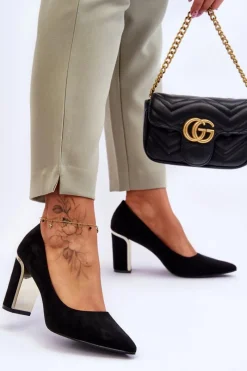 Hot Boto Klasyczne Zamszowe Czółenka Na Ozdobnym Słupku Czarne Elizabeth