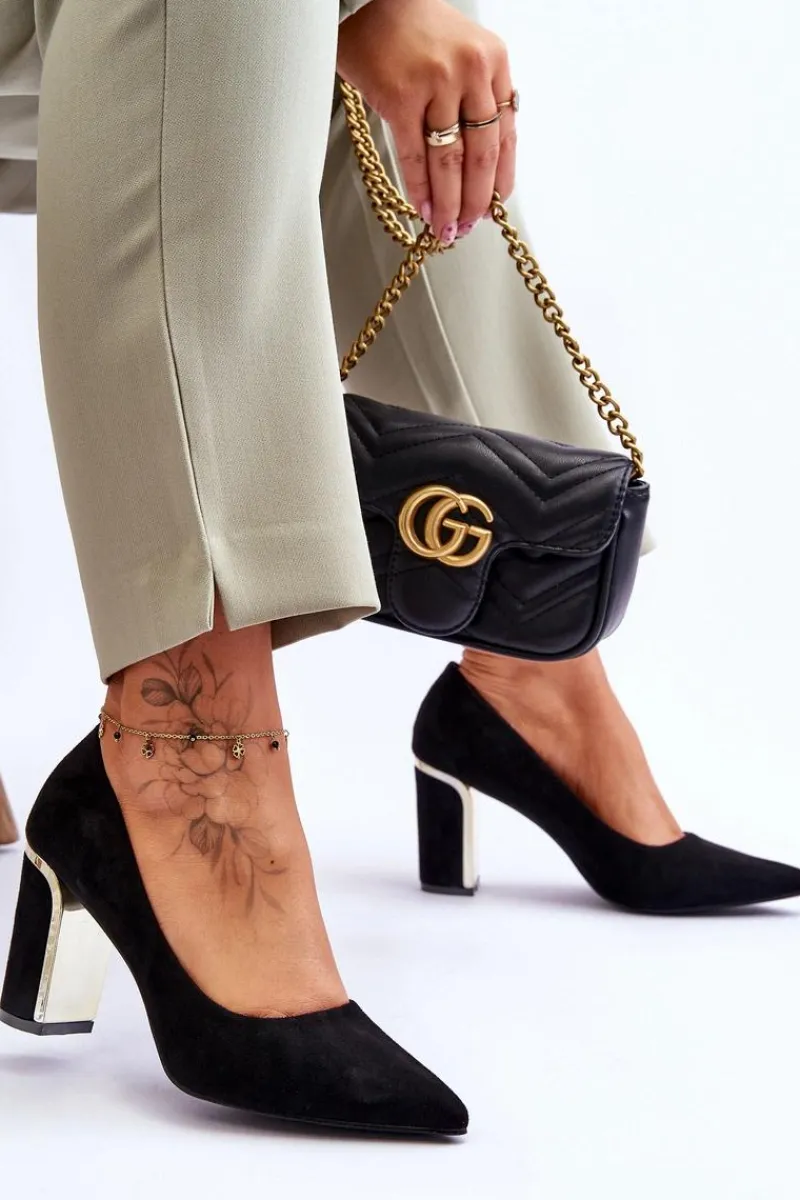 Hot Boto Klasyczne Zamszowe Czółenka Na Ozdobnym Słupku Czarne Elizabeth