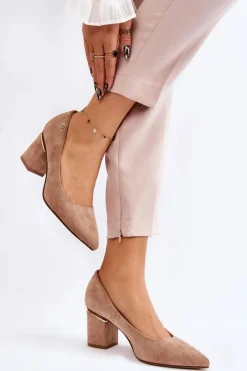 Hot Klasyczne Zamszowe Czółenka Na Obcasie Z Ozdobą Beżowe Derren Damskie Czółenka Zamszowe|Czółenka Na Słupku