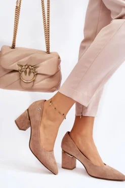 Hot Klasyczne Zamszowe Czółenka Na Obcasie Z Ozdobą Beżowe Derren Damskie Czółenka Zamszowe|Czółenka Na Słupku