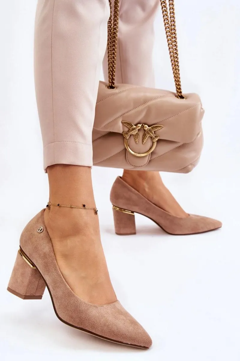 Hot Klasyczne Zamszowe Czółenka Na Obcasie Z Ozdobą Beżowe Derren Damskie Czółenka Zamszowe|Czółenka Na Słupku