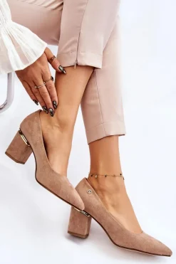 Hot Klasyczne Zamszowe Czółenka Na Obcasie Z Ozdobą Beżowe Derren Damskie Czółenka Zamszowe|Czółenka Na Słupku