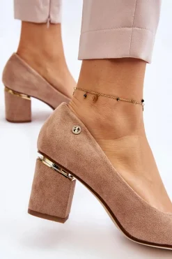 Hot Klasyczne Zamszowe Czółenka Na Obcasie Z Ozdobą Beżowe Derren Damskie Czółenka Zamszowe|Czółenka Na Słupku