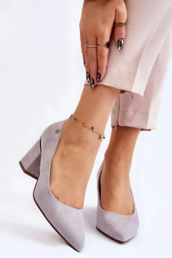 Czółenka Zamszowe|Czółenka Na Słupku>Boto Klasyczne Zamszowe Czółenka Na Obcasie Z Ozdobą Szare Derren