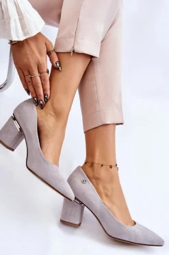 Czółenka Zamszowe|Czółenka Na Słupku>Boto Klasyczne Zamszowe Czółenka Na Obcasie Z Ozdobą Szare Derren