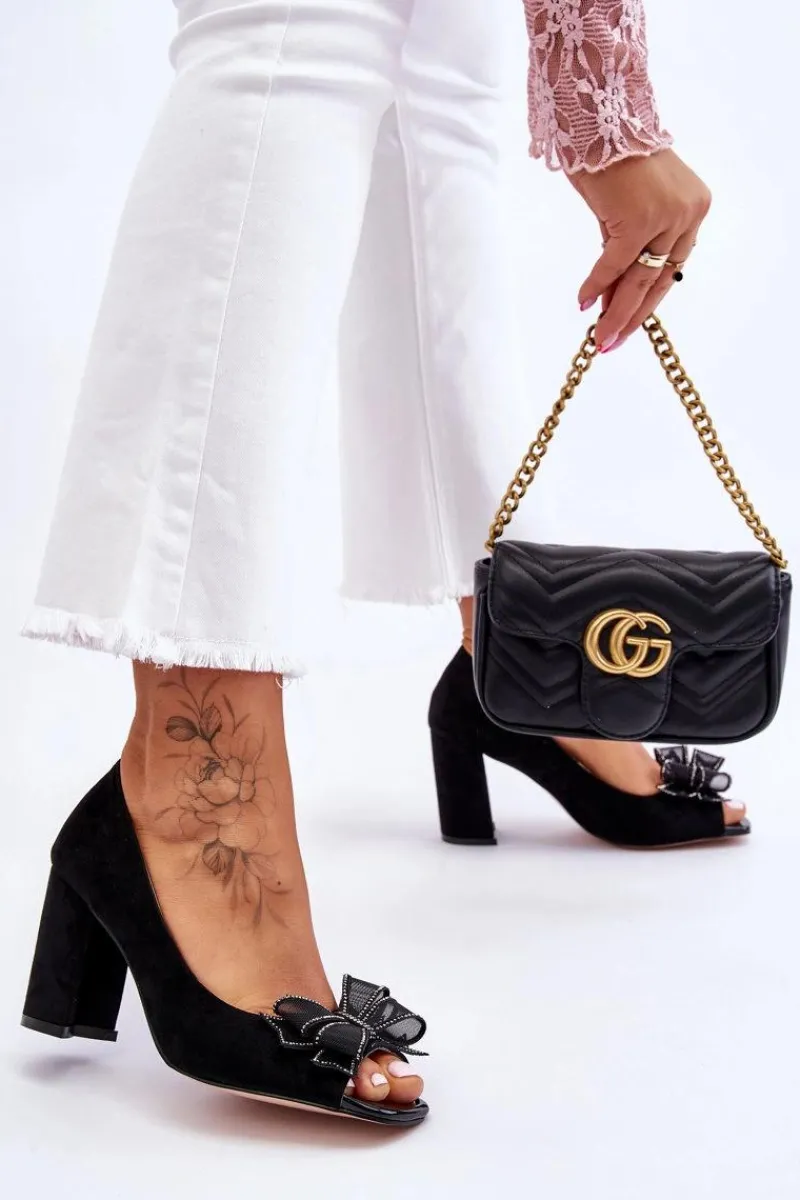 Outlet Klasyczne Zamszowe Czółenka Z Kokardą Czarne Corey Damskie Czółenka Zamszowe|Czółenka Na Słupku