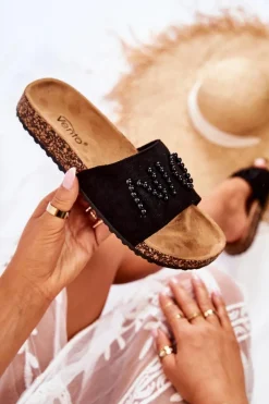 Outlet Evento Klasyczne Zamszowe Klapki Z Koralikami Czarne Vayana