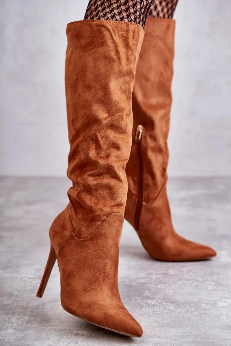 Hot Klasyczne Zamszowe Kozaki Na Szpilce Camel Ameya Damskie Kozaki Wiosenne|Kozaki Na Szpilce