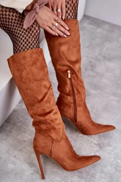 Hot Klasyczne Zamszowe Kozaki Na Szpilce Camel Ameya Damskie Kozaki Wiosenne|Kozaki Na Szpilce
