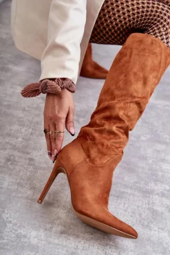 Hot Klasyczne Zamszowe Kozaki Na Szpilce Camel Ameya Damskie Kozaki Wiosenne|Kozaki Na Szpilce