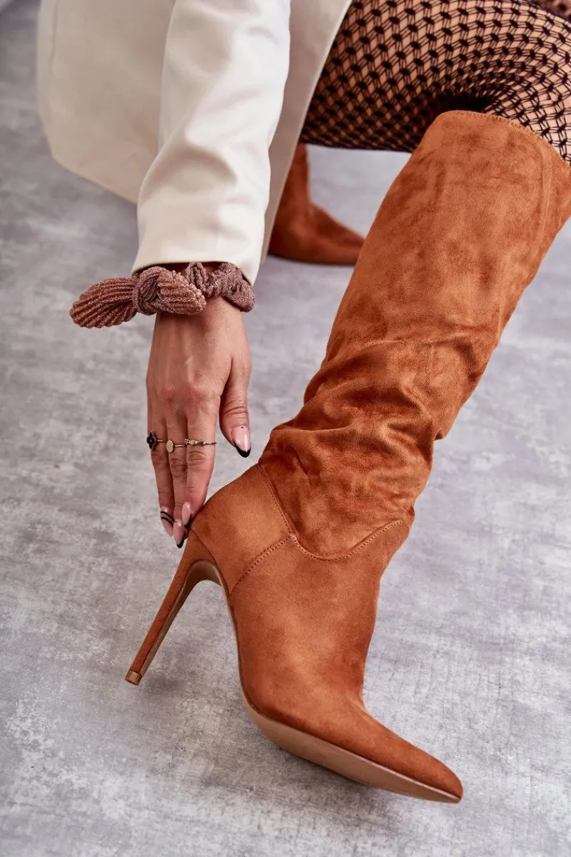 Hot Klasyczne Zamszowe Kozaki Na Szpilce Camel Ameya Damskie Kozaki Wiosenne|Kozaki Na Szpilce