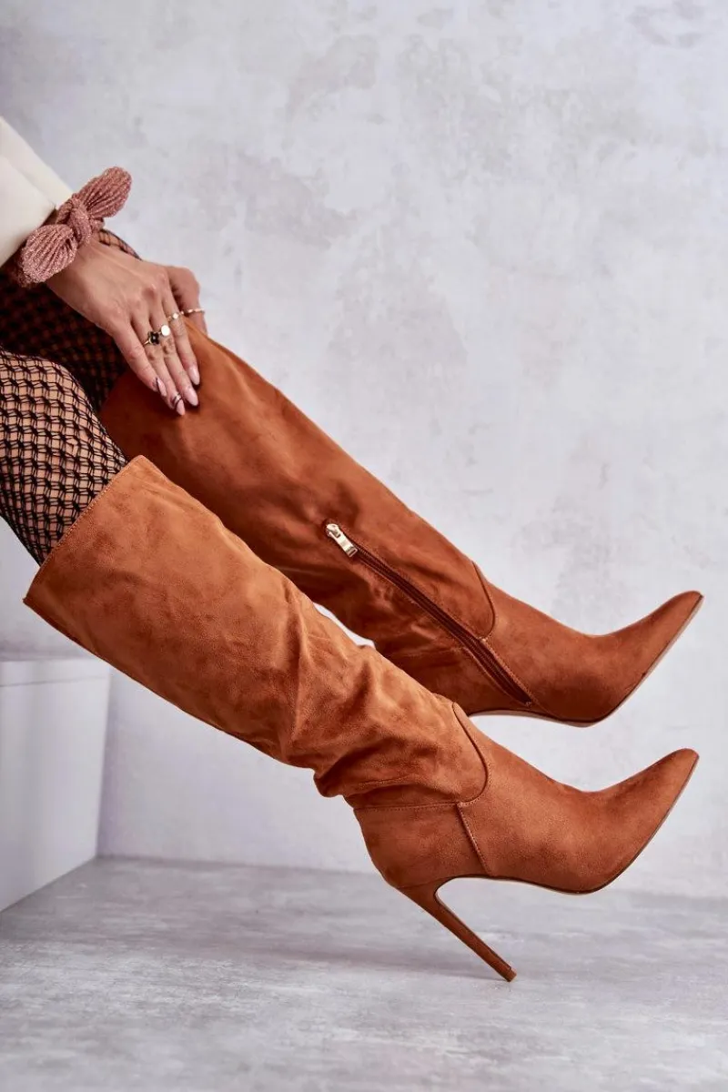 Hot Klasyczne Zamszowe Kozaki Na Szpilce Camel Ameya Damskie Kozaki Wiosenne|Kozaki Na Szpilce