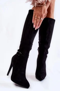 Sale Klasyczne Zamszowe Kozaki Na Obcasie Czarne Linney Damskie Kozaki Wiosenne|Kozaki Przed Kolano