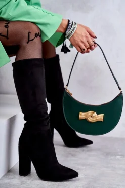 Best Klasyczne Zamszowe Kozaki Na Obcasie Czarne Tressa Damskie Kozaki Ocieplane|Kozaki Na Słupku