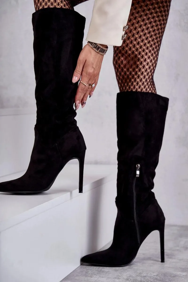 Hot Boto Klasyczne Zamszowe Kozaki Na Szpilce Czarne Ameya