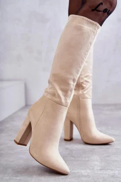 Kozaki Ocieplane|Kozaki Na Słupku>Boto Klasyczne Zamszowe Kozaki Na Obcasie Beżowe Tressa Beżowy