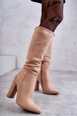 New Boto Klasyczne Zamszowe Kozaki Na Obcasie Ciemnobeżowe Tressa Beżowy