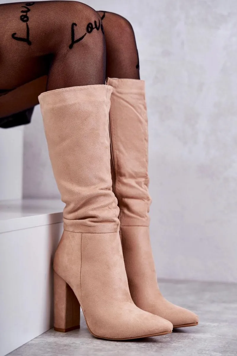 New Boto Klasyczne Zamszowe Kozaki Na Obcasie Ciemnobeżowe Tressa Beżowy