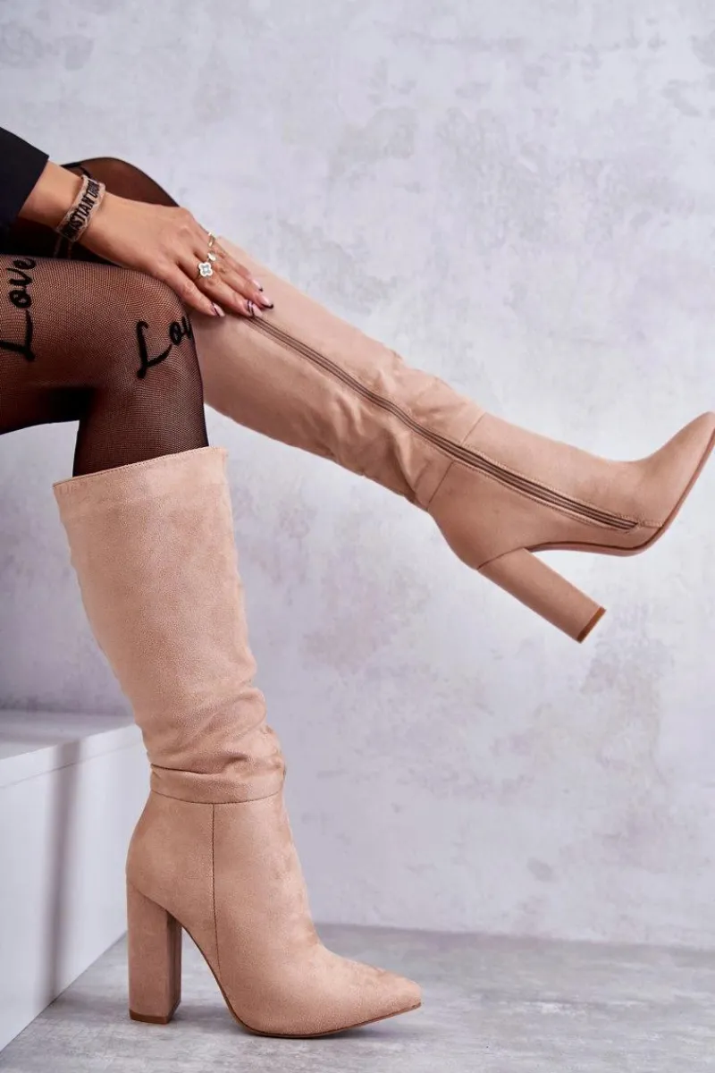 New Boto Klasyczne Zamszowe Kozaki Na Obcasie Ciemnobeżowe Tressa Beżowy