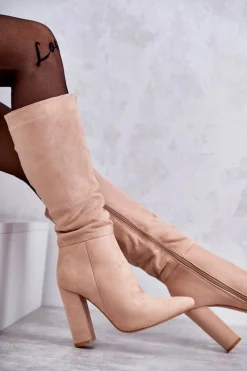 New Boto Klasyczne Zamszowe Kozaki Na Obcasie Ciemnobeżowe Tressa Beżowy