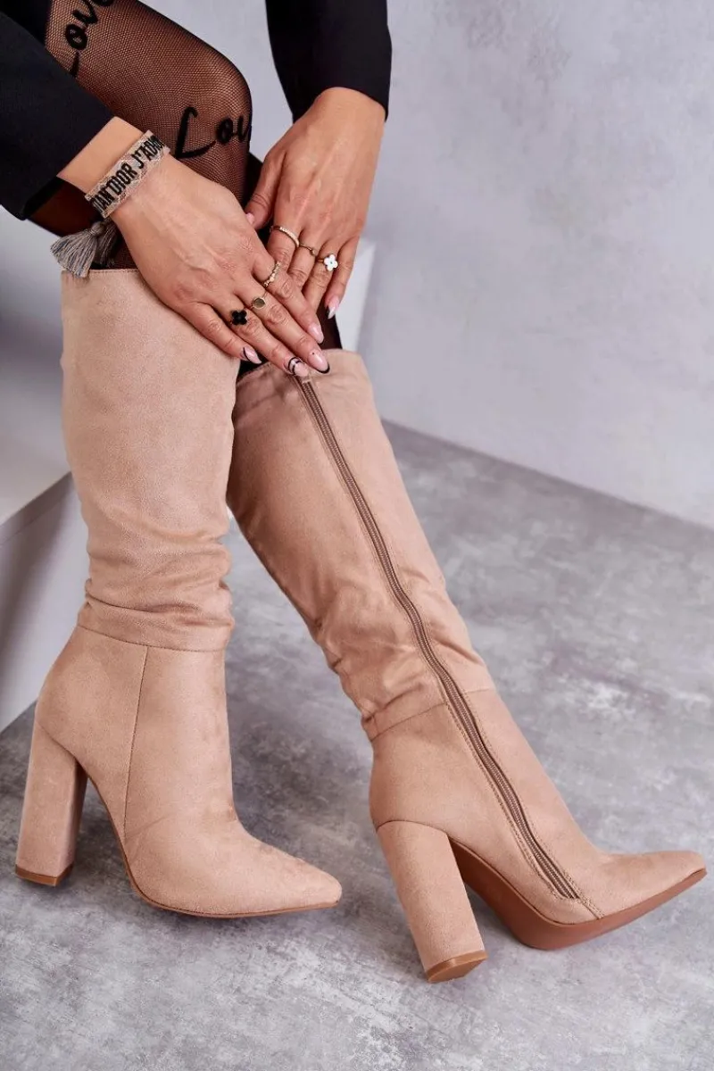 New Boto Klasyczne Zamszowe Kozaki Na Obcasie Ciemnobeżowe Tressa Beżowy