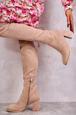 Outlet Klasyczne Zamszowe Kozaki Muszkieterki Beżowe Clarissa Damskie Kozaki Wiosenne|Kozaki Za Kolano