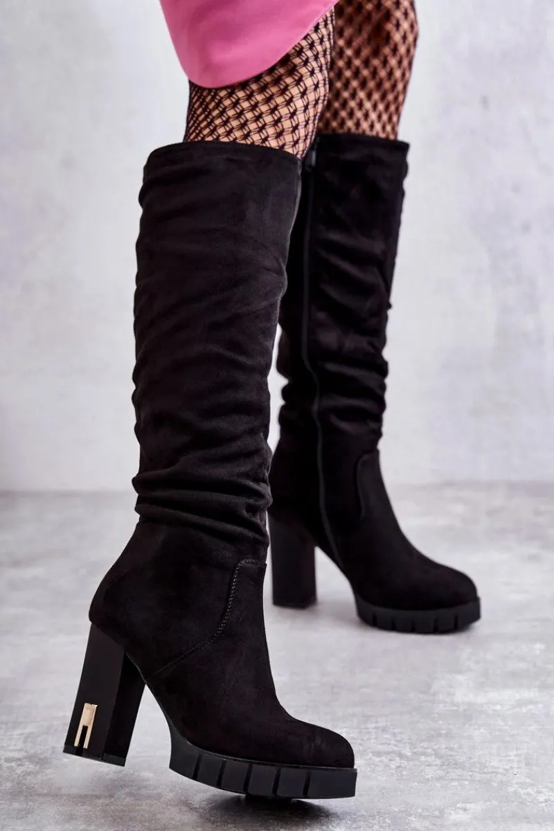 New Klasyczne Zamszowe Kozaki Na Suwak Czarne Laylah Damskie Kozaki Przed Kolano|Kozaki Na Obcasie