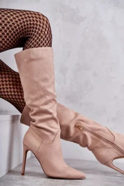 Outlet Boto Klasyczne Zamszowe Kozaki Na Szpilce Beżowe Ameya Beżowy