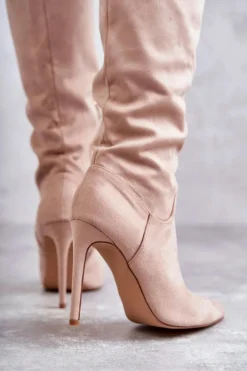 Outlet Boto Klasyczne Zamszowe Kozaki Na Szpilce Beżowe Ameya Beżowy