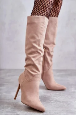 Outlet Boto Klasyczne Zamszowe Kozaki Na Szpilce Beżowe Ameya Beżowy