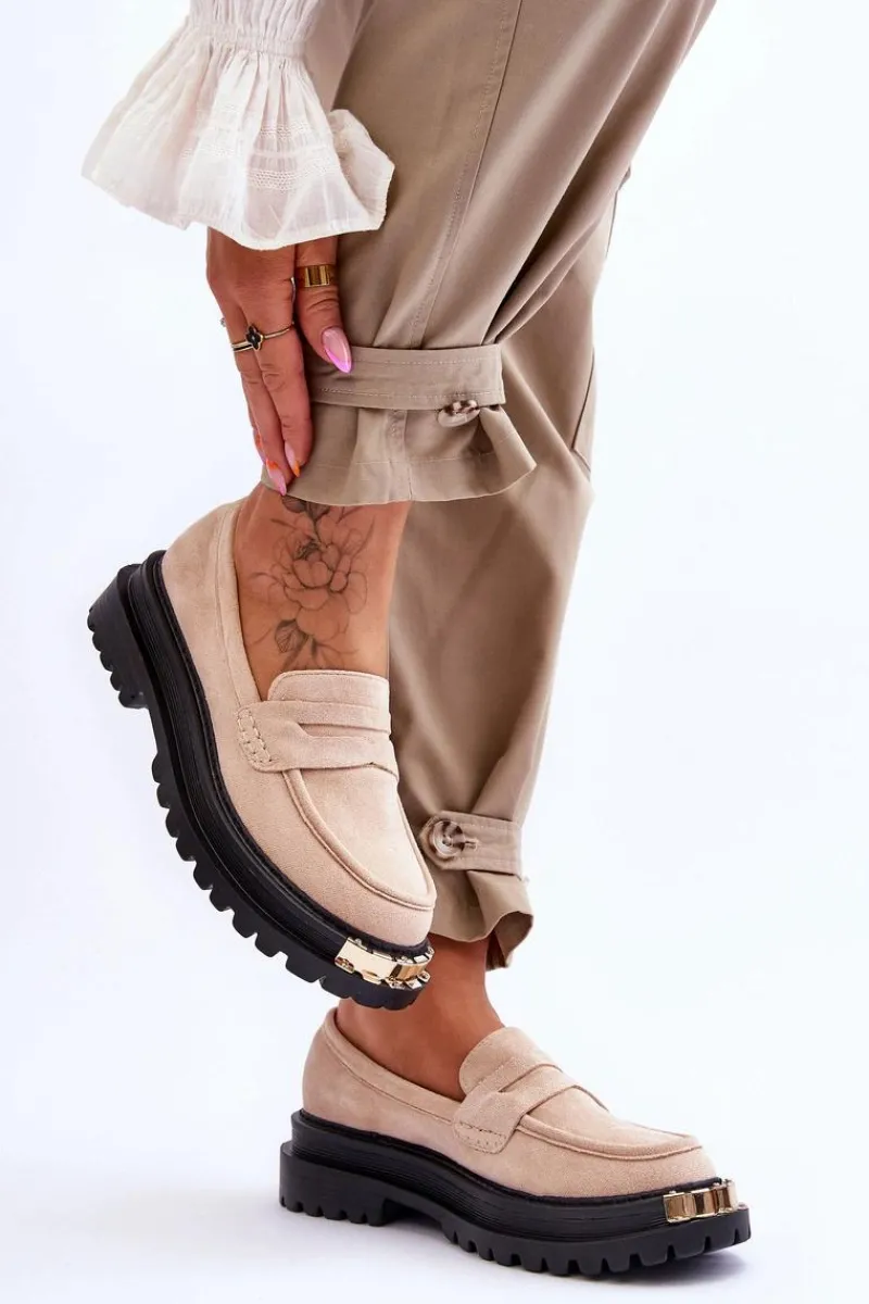 Discount Boto Klasyczne Zamszowe Mokasyny Z Ozdobą Beżowe Monaro