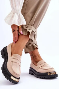 Discount Boto Klasyczne Zamszowe Mokasyny Z Ozdobą Beżowe Monaro