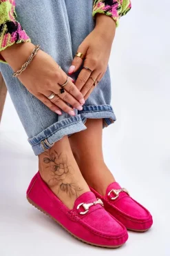 Clearance Klasyczne Zamszowe Mokasyny Z Ozdobą Fuksja Arla Damskie Mokasyny Damskie Zamszowe