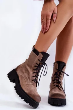 Discount Klasyczne Zamszowe Ocieplane Botki Brązowe Lemar Caima Damskie Damskie Trapery|Botki Sznurowane