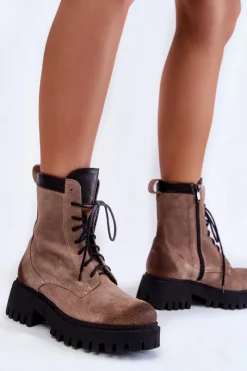 Discount Klasyczne Zamszowe Ocieplane Botki Brązowe Lemar Caima Damskie Damskie Trapery|Botki Sznurowane