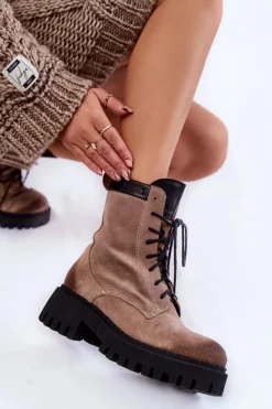 Discount Klasyczne Zamszowe Ocieplane Botki Brązowe Lemar Caima Damskie Damskie Trapery|Botki Sznurowane