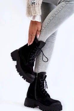 Klasyczne Zamszowe Ocieplane Botki Czarne Lemar Caima Damskie Damskie Trapery|Botki Sznurowane