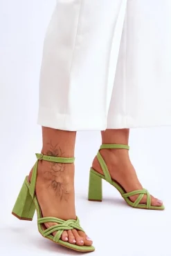 Hot Klasyczne Zamszowe Sandały Na Słupku Zielone Bernett Damskie Sandały Na Obcasie