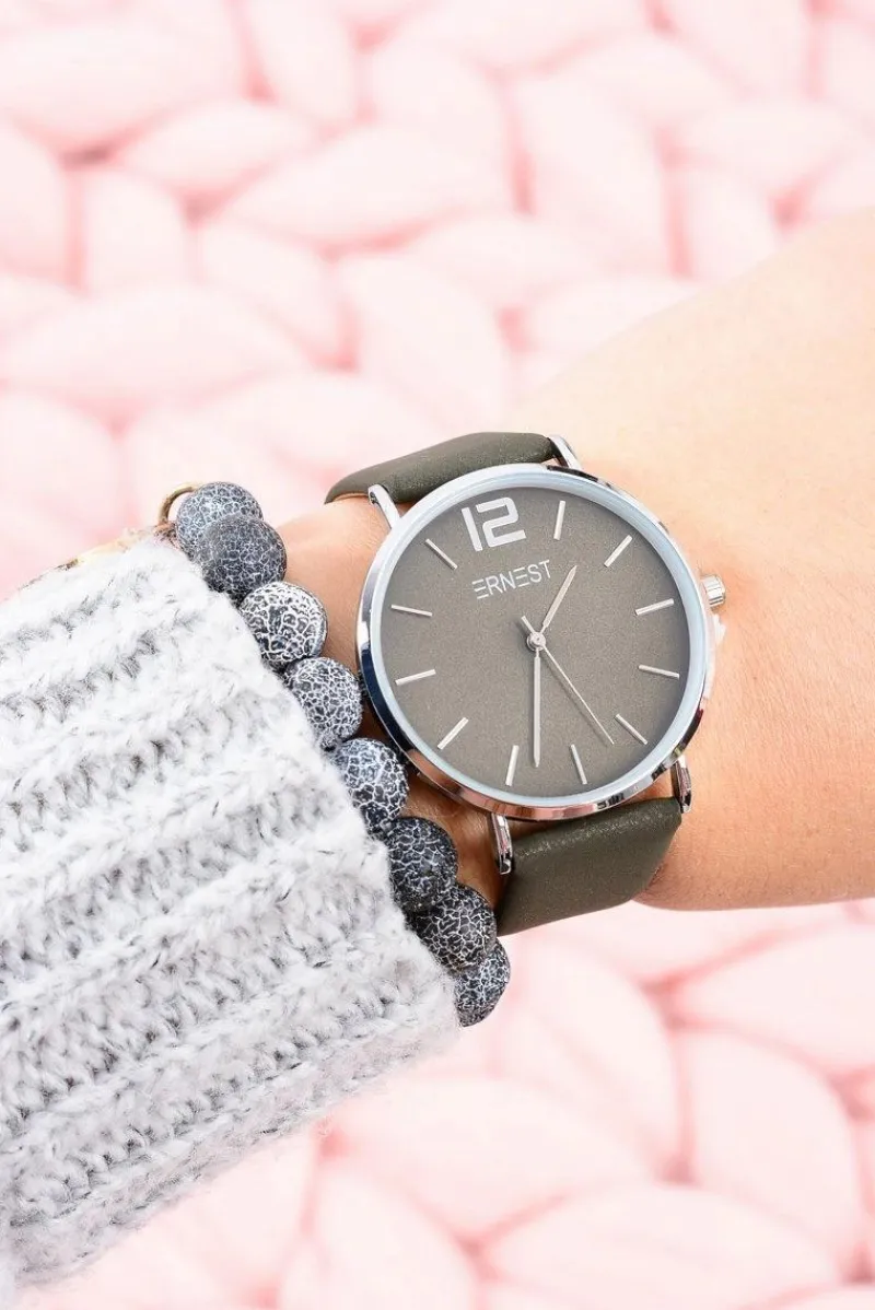 Zegarki>Ernest Klasyczny Skórzany Oliwkowy Damski Zegarek