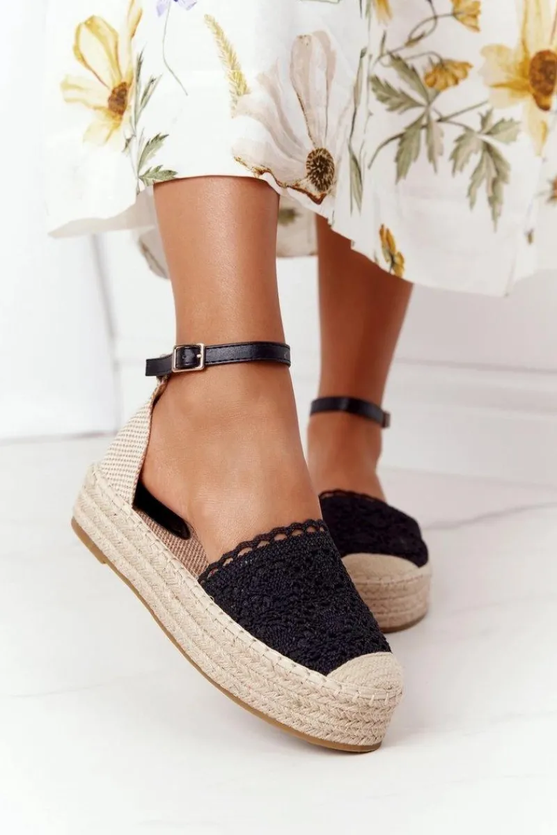 Czarne Espadryle>Boto Koronkowe Espadryle Na Plecionej Platformie Czarne Larisa