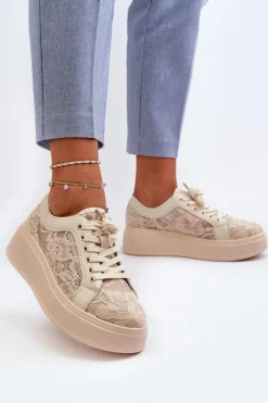 Discount Damskie buty S.Barski Koronkowe Sneakersy Damskie Na Platformie S.Barski HY51-059 Beżowe