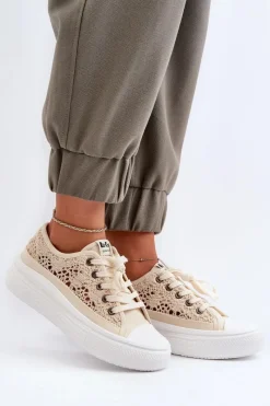 Trampki Damskie Niskie></noscript>Lee Cooper Koronkowe Trampki Damskie LCW-23-44-1620 Beżowe Beżowy
